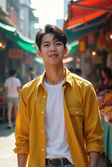 "A handsome Korean man, age 32, with short black hair and fair skin, dressed in a stylish yellor shirt layered over a white T-shirt, walking through a vibrant market during daytime. The scene is highly detailed and realistic, with sharp 8K resolution and m...