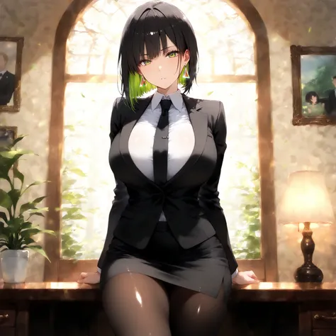 masterpiece, (((( best quality )))),1 girl, Japanese Anime ,,shiny skin, wearing a black suit,skirt suit, black tie , dark hair, short bob hair,The inner color of the hair is green, green eyes,isosceles triangle earrings, black tights,large breasts