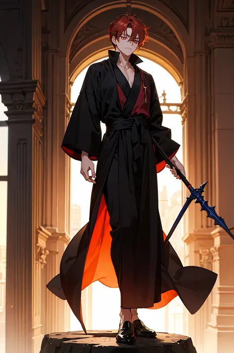 red-haired guy. narrow, cunning orange eyes. He is a magician.  in full height are standing next to each other,  Dressed in a black robe , He has a staff .