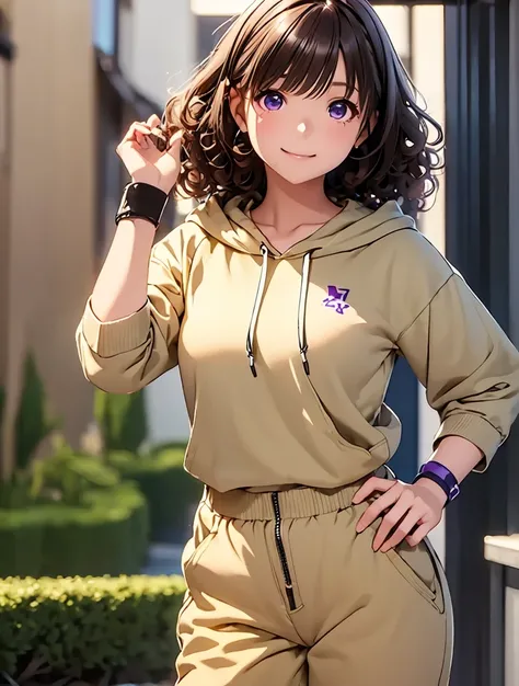  high resolution,In 8K, top quality, Details,Semi-realistic anime,Anime 3D Style, Smooth Anime CG , one girl,19 year old Japanese woman,( slim),Modeled,((( cowboy shot))),(( Spiral Perm Ponytail)),(( brown curly hair )), Detailsな顔, beautiful and fine eyed,...