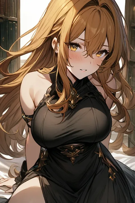 granblue fantasy style, 
1woman, 25 years old, 
yellow eye, 
orange brown hair, long hair, Bangs Between Eyes,
large breasts, 
clothed,(Long dress with naughty black base and yellow accents: 1.2), thighs, looking back, knowing expression
hyper extreme deta...