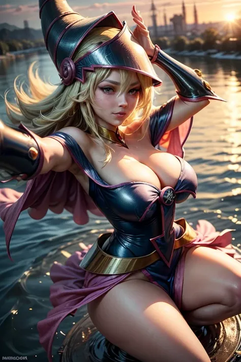 (masterpiece:1.2), (The best quality:1.2), perfect lighting, a Dark Magician Girl takes a selfie to herself. casting a spell, beautiful face, smiling, on the river at the sea, sunset , sexy legs, visible thigs, visible butt, Fight a red-skinned dragon.In h...