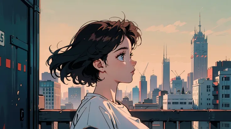 Side view, wearing a T-shirt,dreamlike morning,urban cityscape with tall buildings, short wavy hair, gorgeous eyes, long lashes