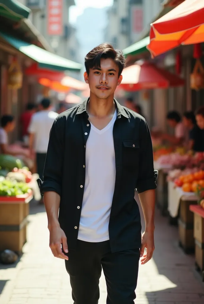 "A handsome Korean man, age 32, with short black hair and fair skin, dressed in a stylish black shirt layered over a white T-shirt, walking through a vibrant market during daytime. The scene is highly detailed and realistic, with sharp 8K resolution and ma...