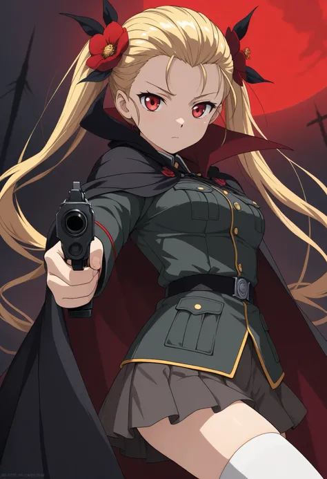 (masterpiece), Highest quality, 4k, ((Anime Style)), ((ultra-detailed)), 1girl, vampire, (butter blonde hair, long twintail hair:1.3). (slicked back hair:1.3), (Red flower hair ornament), (Red eyes), medium breast, (German military uniforms), (Black cloak ...