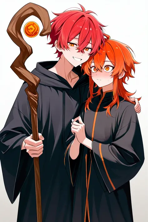 red-haired guy. narrow, cunning orange eyes. He is a magician.  in full height are standing next to each other,  Dressed in a black robe , He has a staff .