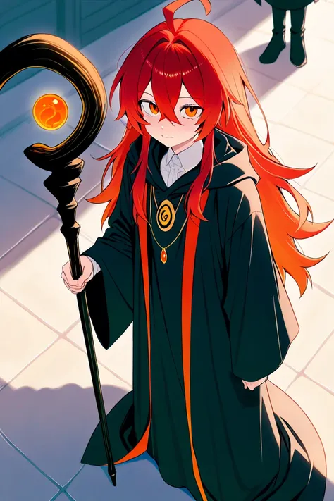 red-haired guy. narrow, cunning orange eyes. He is a magician.  in full height are standing next to each other,  Dressed in a black robe , He has a staff .