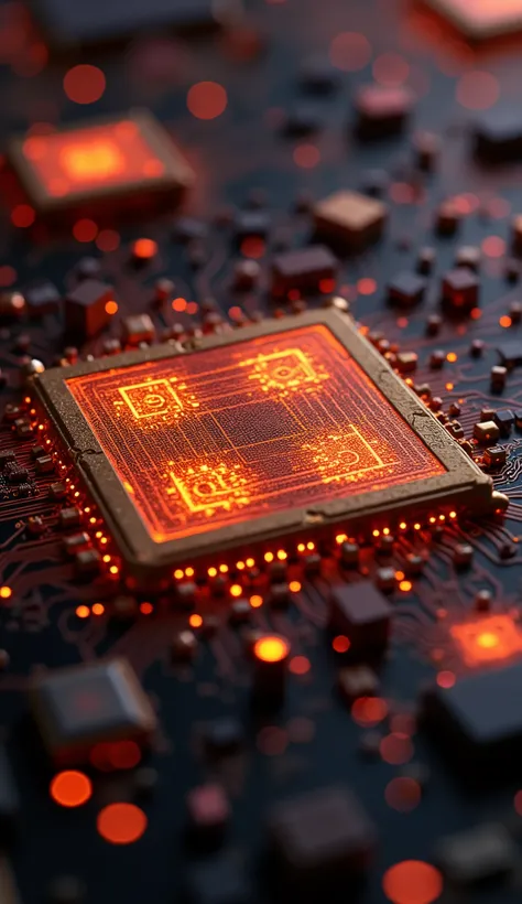 A SET OF 4, Warmer-than-sunset microchip, amber light diffusing through diamond-cut silicon layers, security encryption symbols engraved invisibly until UV backlighting reveals crimson patterns. Shallow depth at f/1.4, retro-futuristic brass accents contra...