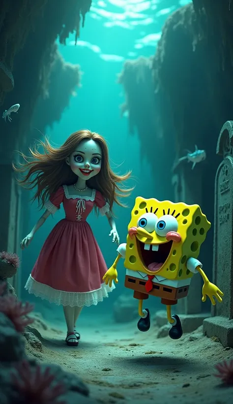 
*"A cartoon character resembling SpongeBob SquarePants is running in terror, his face filled with fear, tears streaming down as he desperately flees. Behind him, an eerie Annabelle doll with cracked porcelain skin, haunting glassy eyes, and a sinister smi...