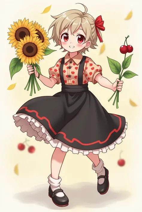 Cute male anime cartoon character wearing black dress, cherry pattern shirt, left hand holding sunflowers, right hand with cherry 