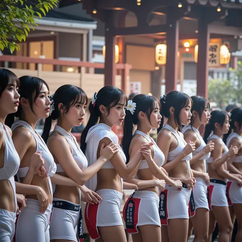 Exposed Open Gigantic Cleavage, CoveredNipple without Bra, Transform into 8K UltraDetailed Live-Action, Photorealistic, ExtremelyDetailed Professional Photography of KAWAII FUNDOSHI Girls at HAKATA GION YAMAKASA, FullBody from below, MagicHour Miracle, Eth...