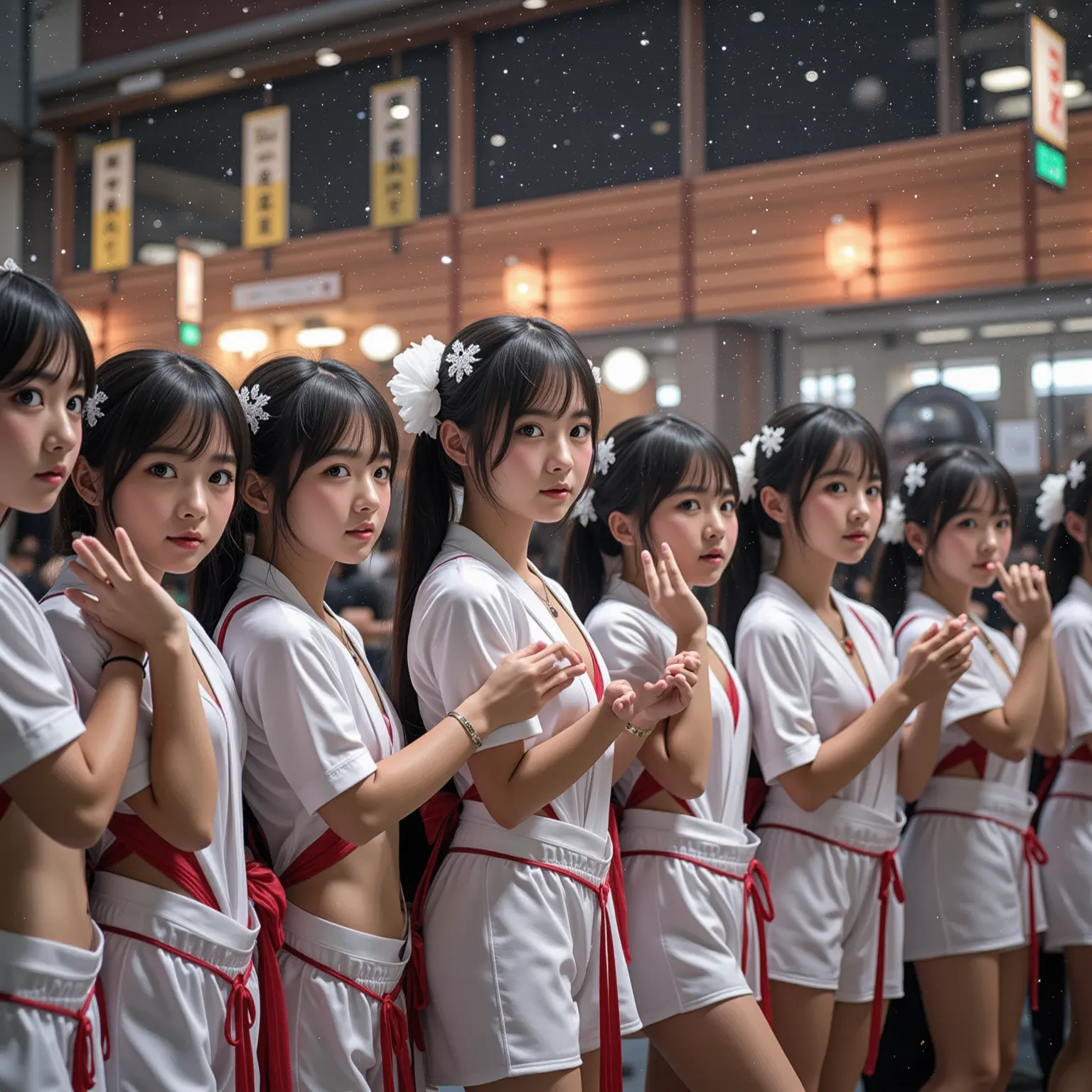 Exposed Open Gigantic Cleavage, CoveredNipple without Bra, Transform into 8K UltraDetailed Live-Action, Photorealistic, ExtremelyDetailed Professional Photography of KAWAII FUNDOSHI Girls at HAKATA GION YAMAKASA, FullBody from below, MagicHour Miracle, Eth...