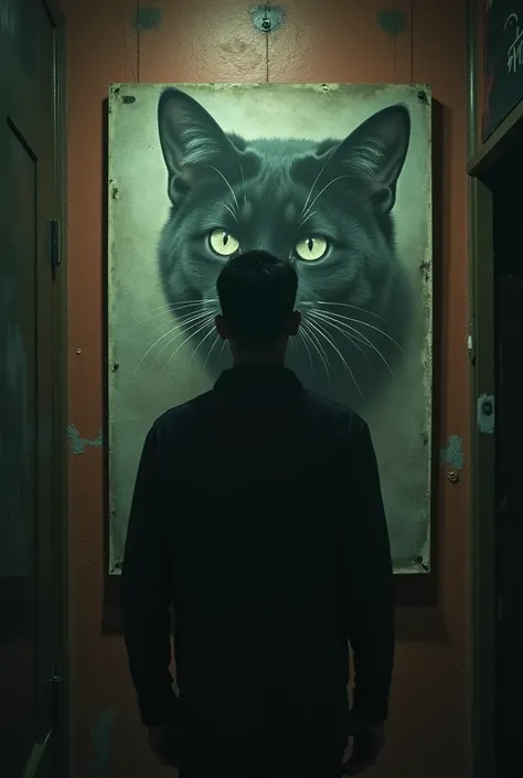 there is a man standing in front of a poster with a cat on it, a picture by Bikash Bhattacharjee, tumblr, samikshavad, halloween celebration, arham horror, scary picture, scary photo, horror film, very very low quality picture, sinister photo, male vampire...