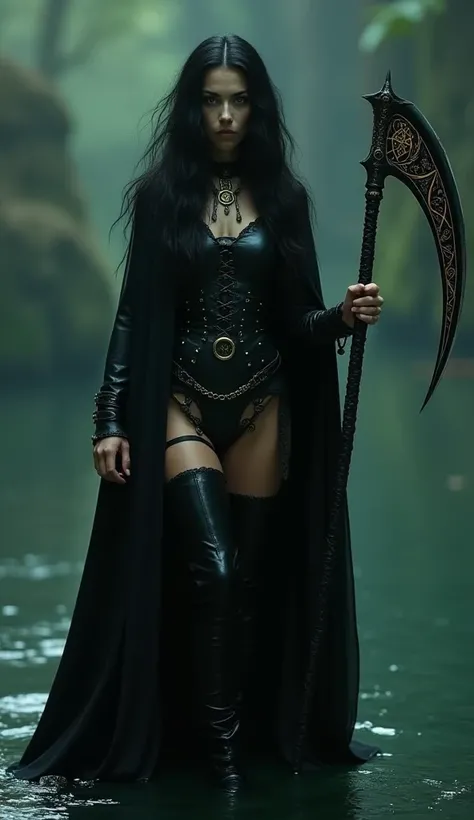 standing on the dark primordial abyss with her feet above the surface of the water, 5'8" sexy, lean, lithe, physique clad in black leather with intricate buckles and black cloak. Her extremely long, raven-black hair cascades down her back, framing a serene...