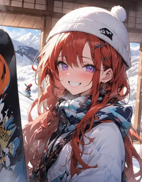  Masterpiece、 girl、 redhead、 long hair、smile、 in a Japanese-style room and the focus is on the face，  snowboard，Snow Country， beautiful background， Snow Mountain ， deep