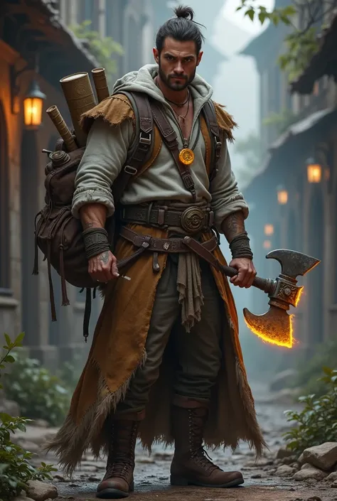 Attractive man, 30 years old, handsome man, Thaumaturge, rags, steampunk, ars obscura, glowing iron axe, a backpack containing a big old musty book, spellbook, scrolls, amulet, esoterica, monster hunter, archeologist,