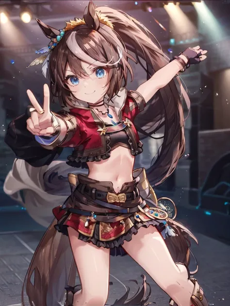  tokai teio(horizon),horse ears,horse girl,brown hair,long hair,high ponytail,streaked_hair, multicolored _hair,blue eyes,jacket,cropped jacket,crop top,midriff,fingerless gloves,short sleeves,navel,skirt,belt,cape,jewelry,frills, hair ornament,hood down,n...