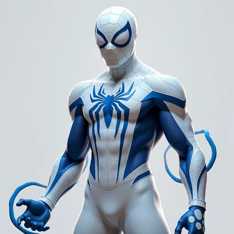 Spider-man in white costume with blue details,With a tarantula like logo on the chest, Loosening blue webs around the wrist