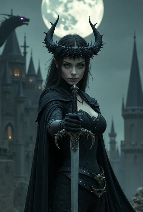 Beautiful dark elf with moon-pale skin. Dull green eyes. On the head there is a black wreath with spikes, what goes into her head. She stands dressed in tight black armor and holds a long thin sword in her hands, pressing it under your chest with both hand...