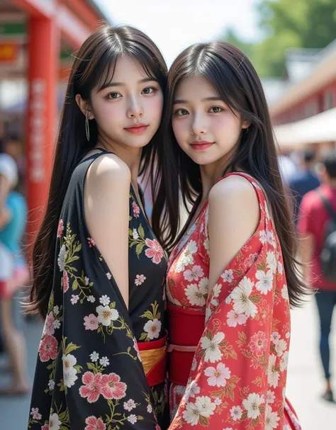 ( a super cute Korean girl high school student duo line up to take pictures 1.2)(Grinning,Spreading smiles)(Beautiful Sweat:1.1)(16k,  RAW photos ,  top quality,  Masterpiece: 1.2),(Mr.々Beautiful black hair with a beautiful hairstyle :1.2)  Super Detail,  ...