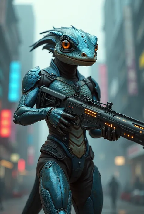 Electric Gecko with body armor and rifle