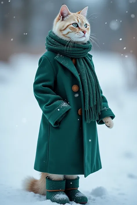 Here's the text ,  outfit that is suitable for describing the :

 “In the middle of the endless snowy desert of Antarctica, there is a cat ,  dressed in an incredibly stylish .  She is wearing an elegant woolen coat deep emerald color, Warm scarf,  flirtat...