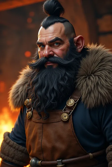 "Create a high-quality, ultra-realistic portrait of Flint Fireforge, a stout and muscular dwarf with strong, blacksmith-hardened hands, a thick black beard, and blue eyes. Flint is not tall but has a solid, compact build. He suffers from a fear of heights,...