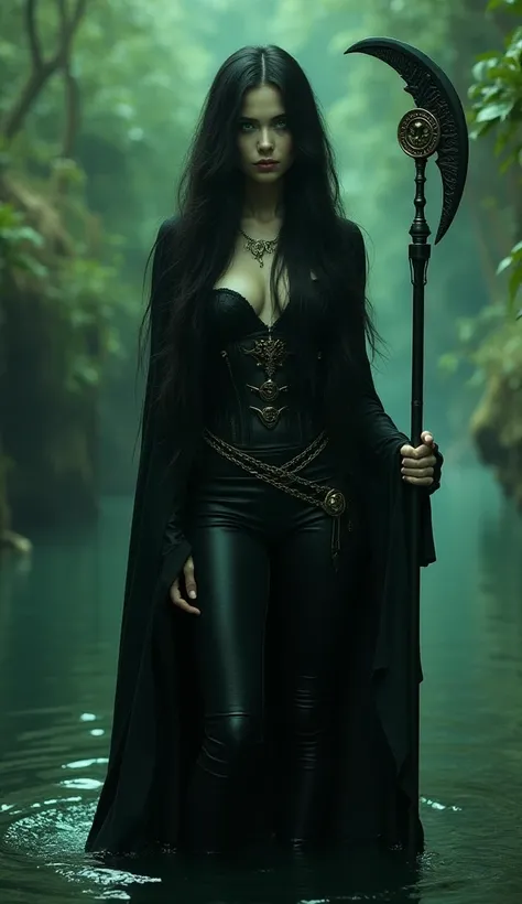 standing on the dark primordial abyss with her feet above the surface of the water, 5'8" sexy, lean, lithe, physique clad in black leather with intricate buckles and black cloak. Her extremely long, raven-black hair cascades down her back, framing a serene...