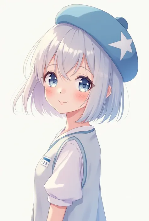 Make me an image of an anime girl with short white hair,  that has a light blue hat with a white star , That she has a white blouse and a white vest