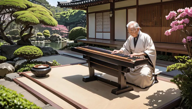 Grandpa is playing the koto in a Japanese garden