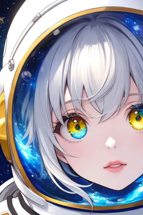  close-up of better masterpieces：1.5)0.9]、(Space and astronauts：1.2) (Disheveled silver hair：1.1) ( Heterochromia and Yellow and Blue Eyes：1.2) ( space helmet：1.0) (Colored stars in the eyes：1.0) (Shining Light：1.1) (Thick lips：0.9)