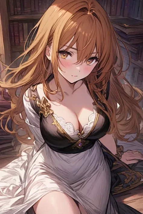 granblue fantasy style, 
1woman, 25 years old, 
yellow eye, 
orange brown hair, long hair, Bangs Between Eyes,
large breasts, 
clothed,(Long dress with naughty black base and yellow accents: 1.2), thighs, looking back, knowing expression, full body, 
hyper...