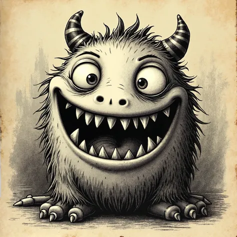 old etching representation of a cute monster with many many teeth