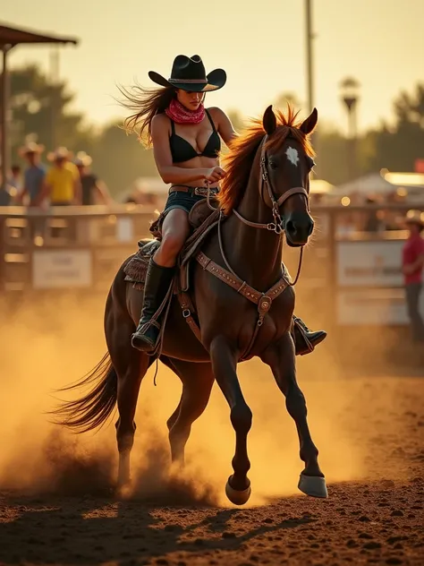 Create a vivid and dynamic scene featuring a cowgirl riding a wild horse. The cowgirl is depicted with a strong build, wearing boots, a hat, black top bikini, black denim shorts, and a bandana, showcasing her determination and focus. The wild horse is powe...