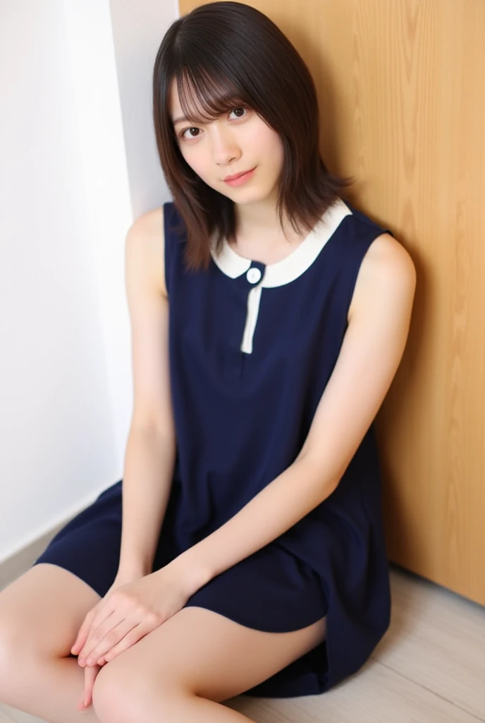 A young Asian woman named mhikaru sitting on the floor with her legs crossed. She is wearing a navy blue sleeveless dress with a white collar and a small white button on the chest. She has shoulder-length hair with bangs and she is looking directly at the ...