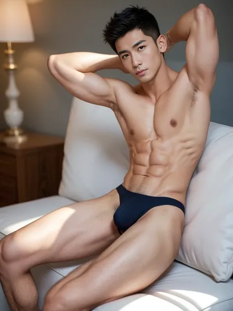 Arafed male model in a sexy thong, pubes, lifted arms, spread legs, handsome arafed guy, handsome man, handsome model, Full Body Shoot, photoshoot, portrait, studio lighting, look at camera, detailed facial parts, Manly, Charmer, Active Boy, sitting on sof...