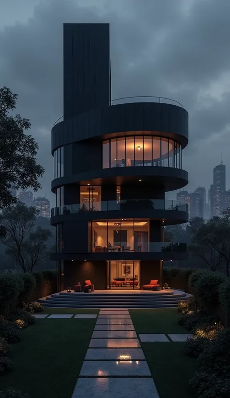 A sprawling modern black mansion, large round house architecture at night, dramatic lighting, architectural details, sleek minimalist design, glow of interior lights, manicured landscaping, tall windows, luxury home, opulent estate, moody atmosphere, urban...