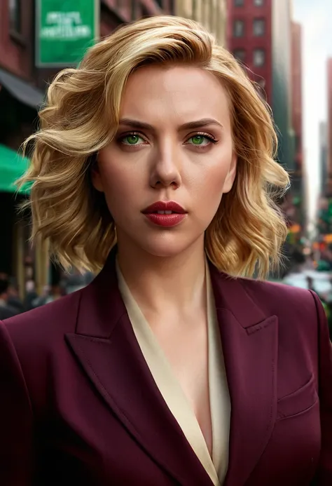 "A highly realistic digital portrait of a woman resembling Scarlett Johansson. She has striking green eyes, soft golden-blonde hair styled elegantly, and an intense expression. She is wearing a deep burgundy tailored pantsuit, exuding sophistication. The b...