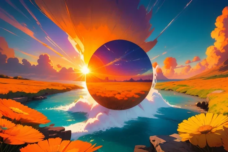 creates the image of a sunset. The sun is in the center of the image with a bright orange color. The sun is above the sea and there are several clouds of orange, blue and purple colors. The image is beautiful, it conveys peace and calm, the style of the im...