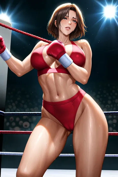 a woman that is standing up in the ring holding a rope, she is crying,a detailed painting, neogeo, boxing ring, top rated on pixiv, realistic anime style at pixiv