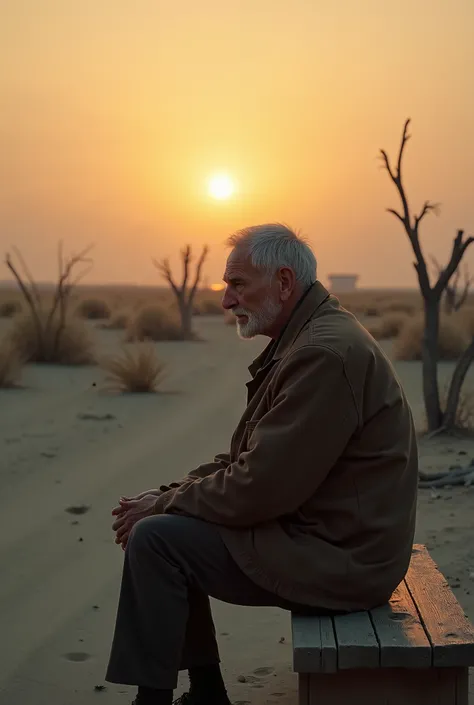 Make an old man sad video sitting empty place make the weather sunrise or sunset 