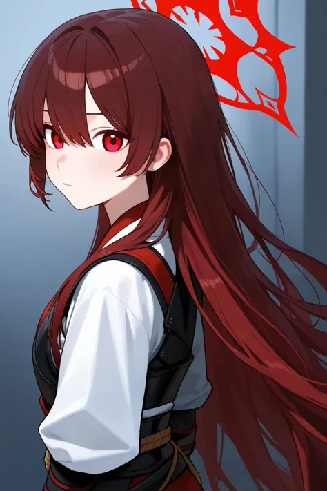 1 girl, Hair length reaches the back, Brown hair and red hair on the edges of the hair, red eyes, but not bright, wear a sexy samurai outfit, หน้าอกไซส์ปานกลาง, have a red halo