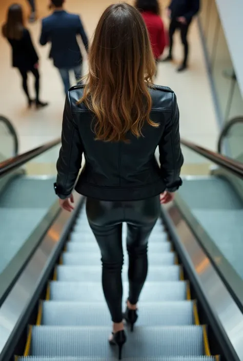  a woman walking down an escalator with her back towards the camera. She is wearing a black leather jacket and leggings that are tight-fitting and appear to be made of a shiny material. The woman's hair is styled in loose waves and she is wearing high heel...