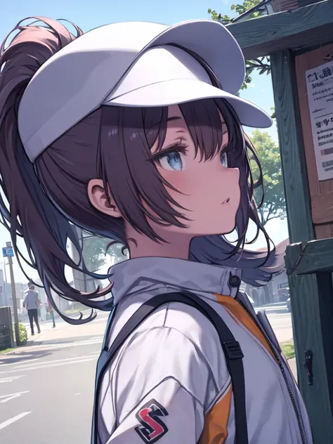  1 girl, town,  standing, White Baseball_ cap,  Light Blue Jacket, Side View,  upper body portrait,  ponytail, Three good_Friendship,