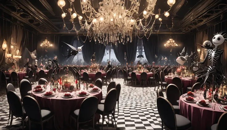 god、  Tim Burton's World、   top quality  ,  Masterpiece,    high detail,    looks like a scene from a movie、 party, Go on the big road,