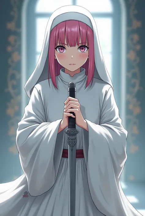 sakura haruno,Dressed as a nun,with a kunai in one hand