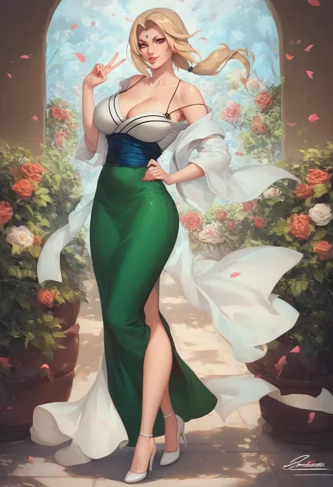 Tsunade is extremely gorgeous and beautiful. She has extremely fair white skin, red glossy plump lips, big brown eyes, a slim yet sexy hourglass figure, and a normal body. Tsunade is wearing a long white dress with blue floral patterns, spaghetti straps, a...