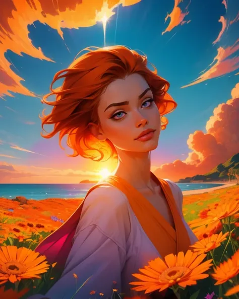 creates the image of a sunset. The sun is in the center of the image with a bright orange color. The sun is above the sea and there are several clouds of orange, blue and purple colors. The image is beautiful, it conveys peace and calm, the style of the im...