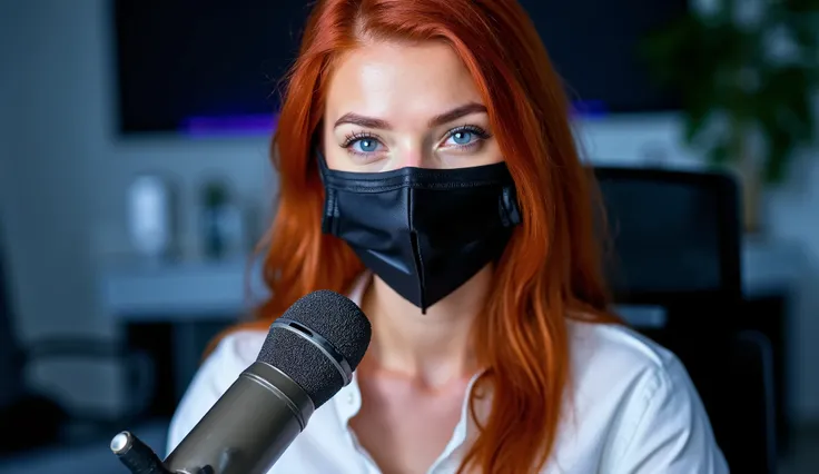 young super cute 18 years old redhair podcaster, looks like Ana Di Armas , meaty thighs , nice breasts, blue eyes, wearing a white shirt, wearing a black satin medical mask , sitting behind a modern desk , her body facing the viewer , with a proffessiona...