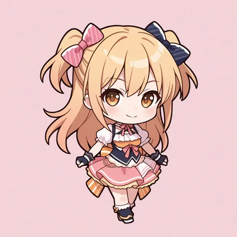 chibi-dol, chibi, full body, 1girl, solo, simple background,, pmarusama, long hair, two side up
pmaru default, hair bow, striped bow, long hair, two side up, dress, puffy short sleeves, pink skirt, black gloves, fingerless gloves, underbust, wrist cuffs